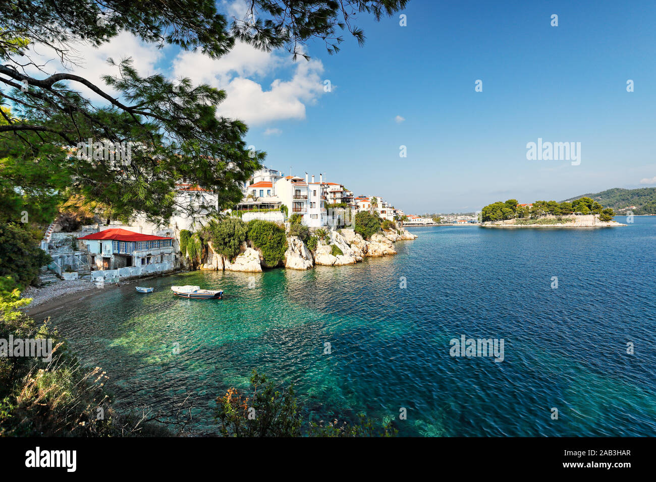 Il vecchio porto di Chora di Skiathos Island, Grecia Foto Stock