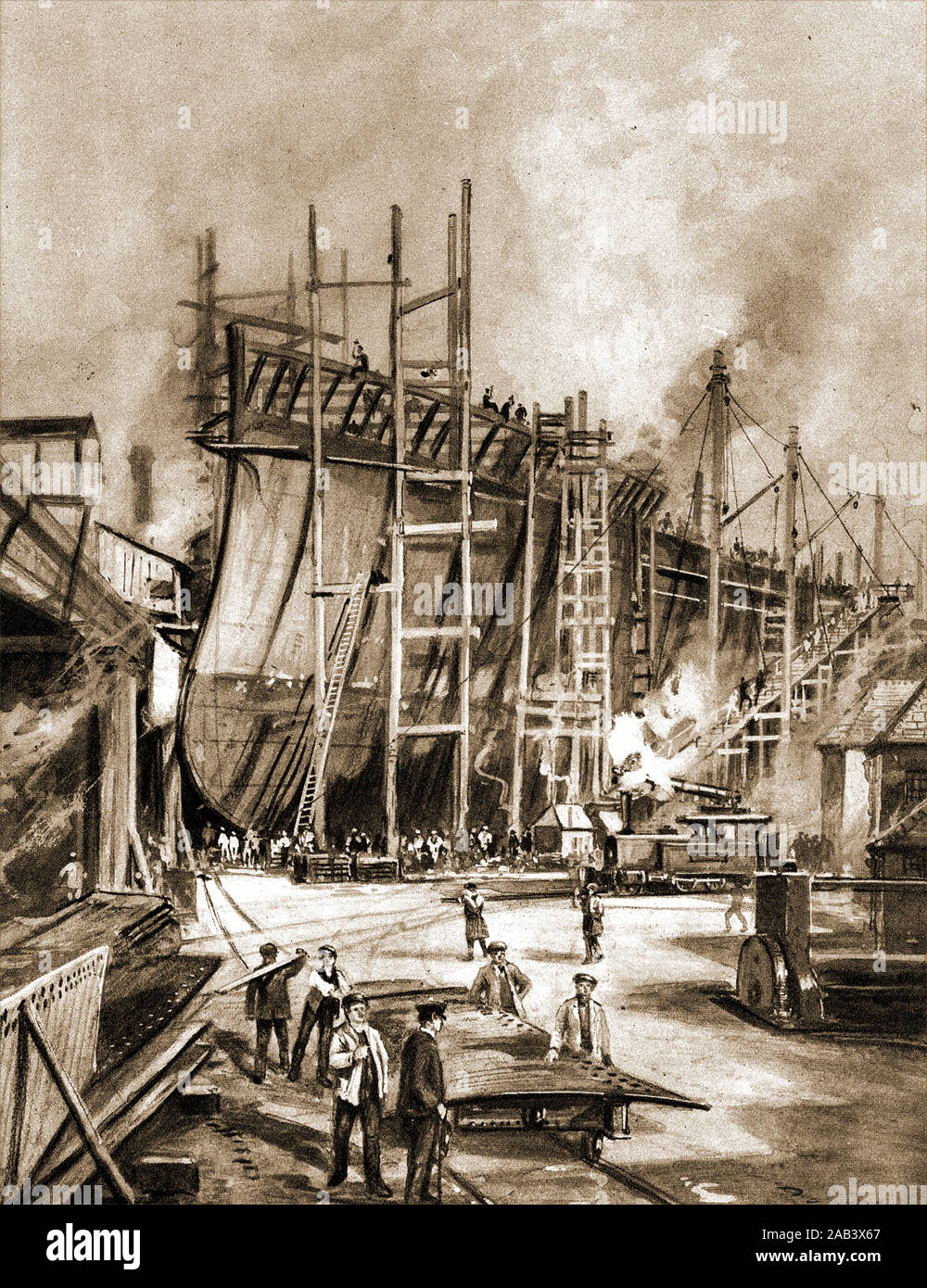 Inizio illustrazione che mostra la costruzione di un dreadnought battleship in cantiere Elswick sul Tyne, Regno Unito Foto Stock