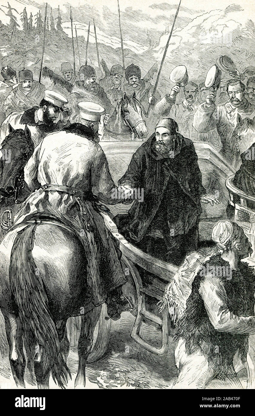 Osman pascià sulla strada da Pleven (Plevna). Incisione del XIX secolo. Foto Stock
