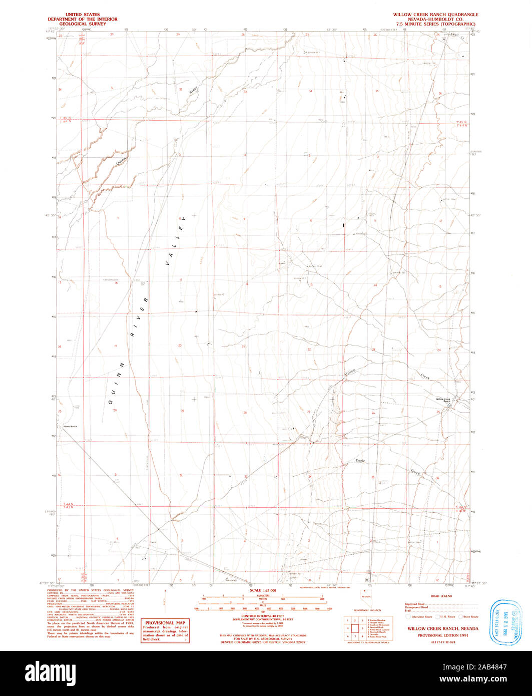 USGS TOPO Map Nevada NV Willow Creek Ranch 320591 1991 24000 Restauro Foto Stock