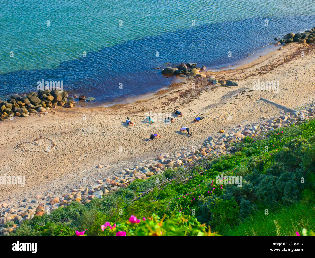 Persone che esercitano lo yoga presso la costa nord di Sjaelland, Danimarca, vicino a Gilleleje. Foto Stock