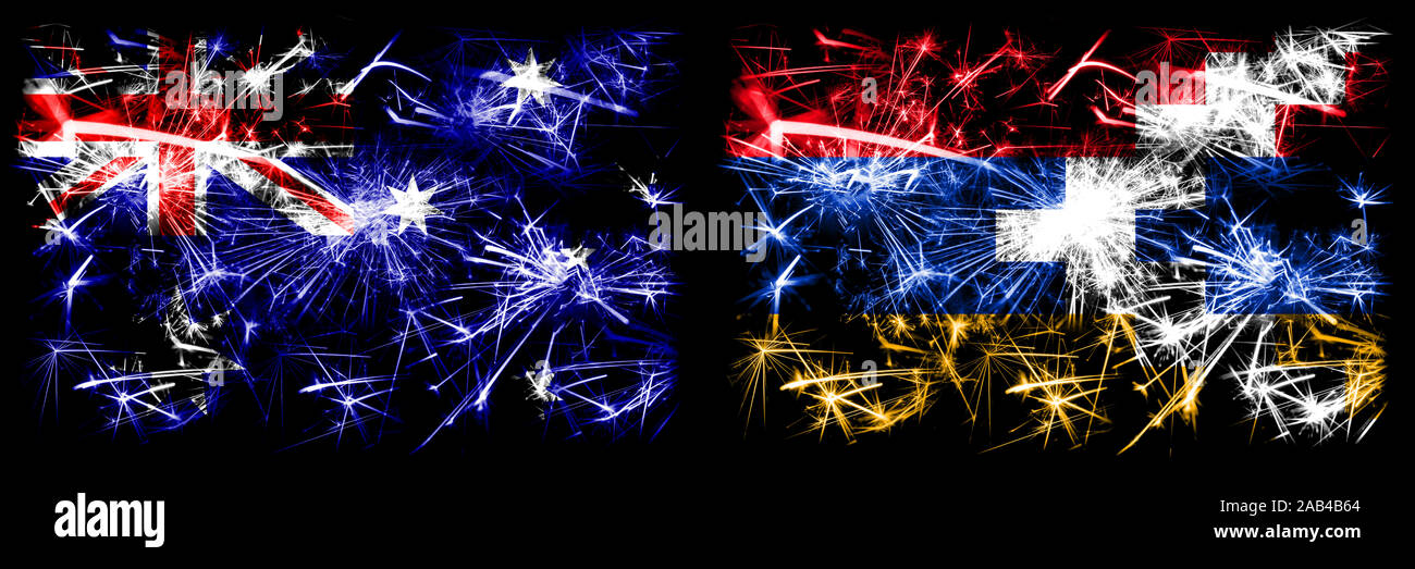 Australia, Ozzie vs Artsakh Anno Nuovo celebration Sparkling fuochi d'artificio concetto flag di sfondo. Combinazione di due stati astratta bandiere. Foto Stock