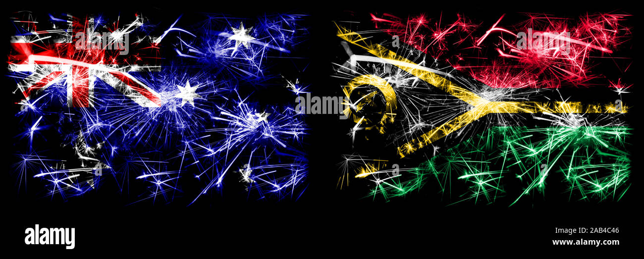 Australia, Ozzie vs Vanuatu Nuovo Anno celebration Sparkling fuochi d'artificio concetto flag di sfondo. Combinazione di due stati astratta bandiere. Foto Stock