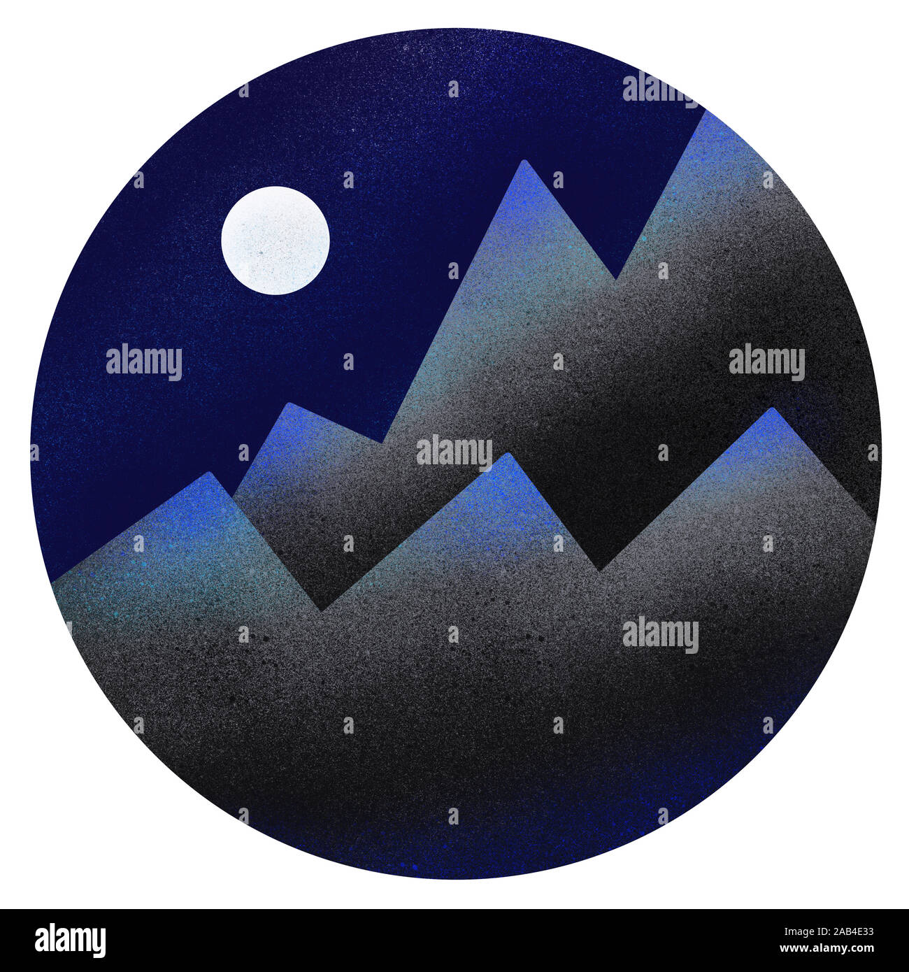 Una semplice illustrazione monocromatica di montagne e di luna piena. Moonlight. Spray. Murale, grafitti. T-shirt. Foto Stock