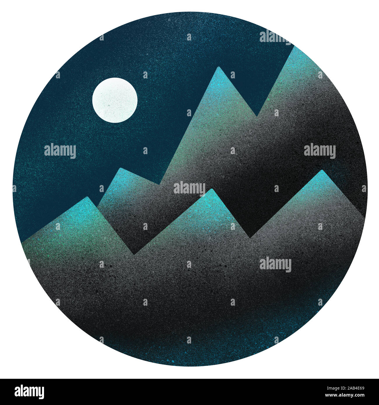 Una semplice illustrazione monocromatica di montagne e di luna piena. Moonlight. Spray. Murale, grafitti. T-shirt. Foto Stock