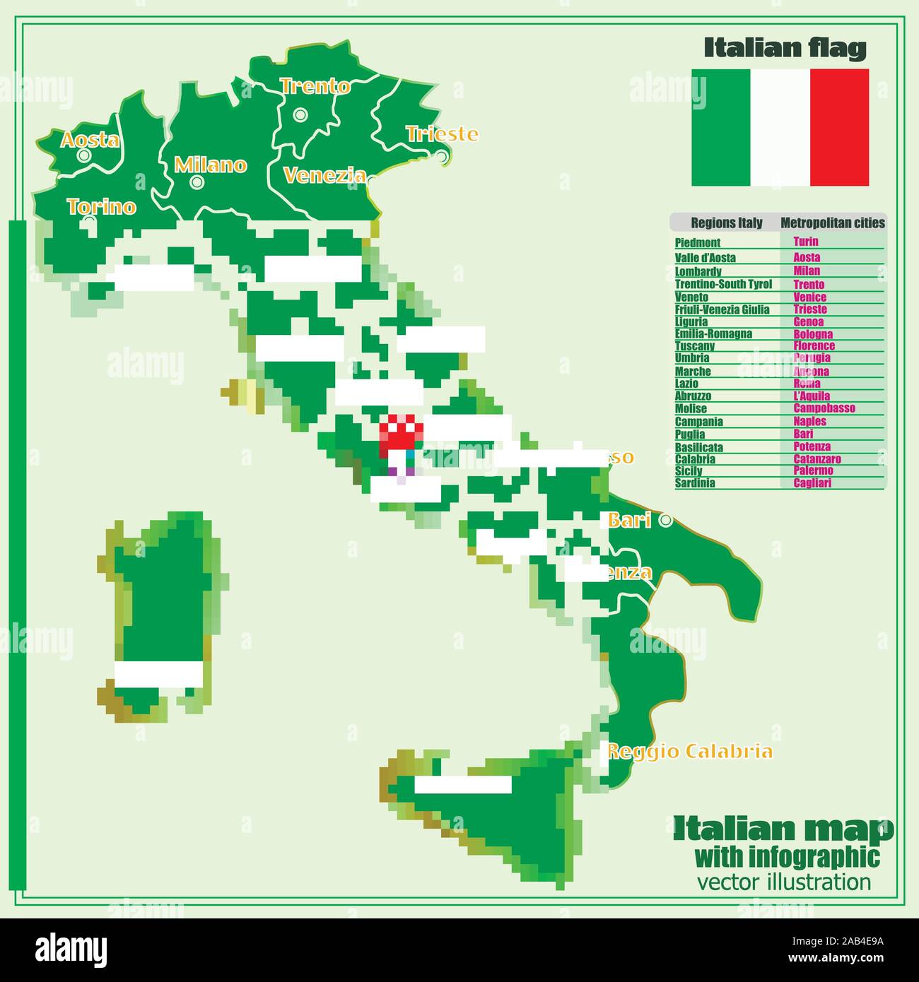 Mappa di Italia con una infografica. Illustrazione Italiana con una infografica. Italia mappa italiana con le principali città e regioni. Illustrazione Vettoriale. Illustrazione Vettoriale