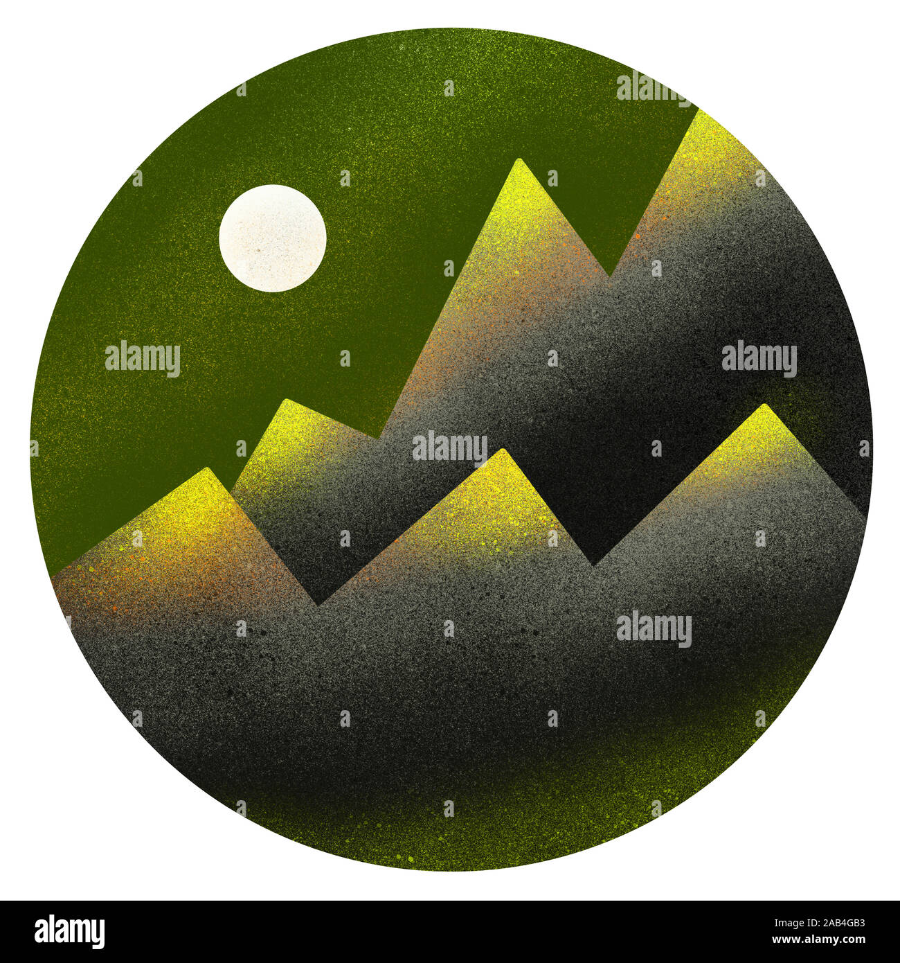 Una semplice illustrazione monocromatica di montagne e di luna piena. Moonlight. Spray. Murale, grafitti. T-shirt. Foto Stock