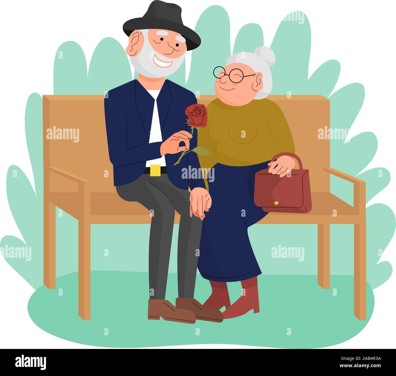 Caucasian vecchia coppia seduta sulla panchina nel parco, felici le persone anziane godendo all'esterno. Il nonno dando rose fiore alla nonna. Sfondo bianco Illustrazione Vettoriale
