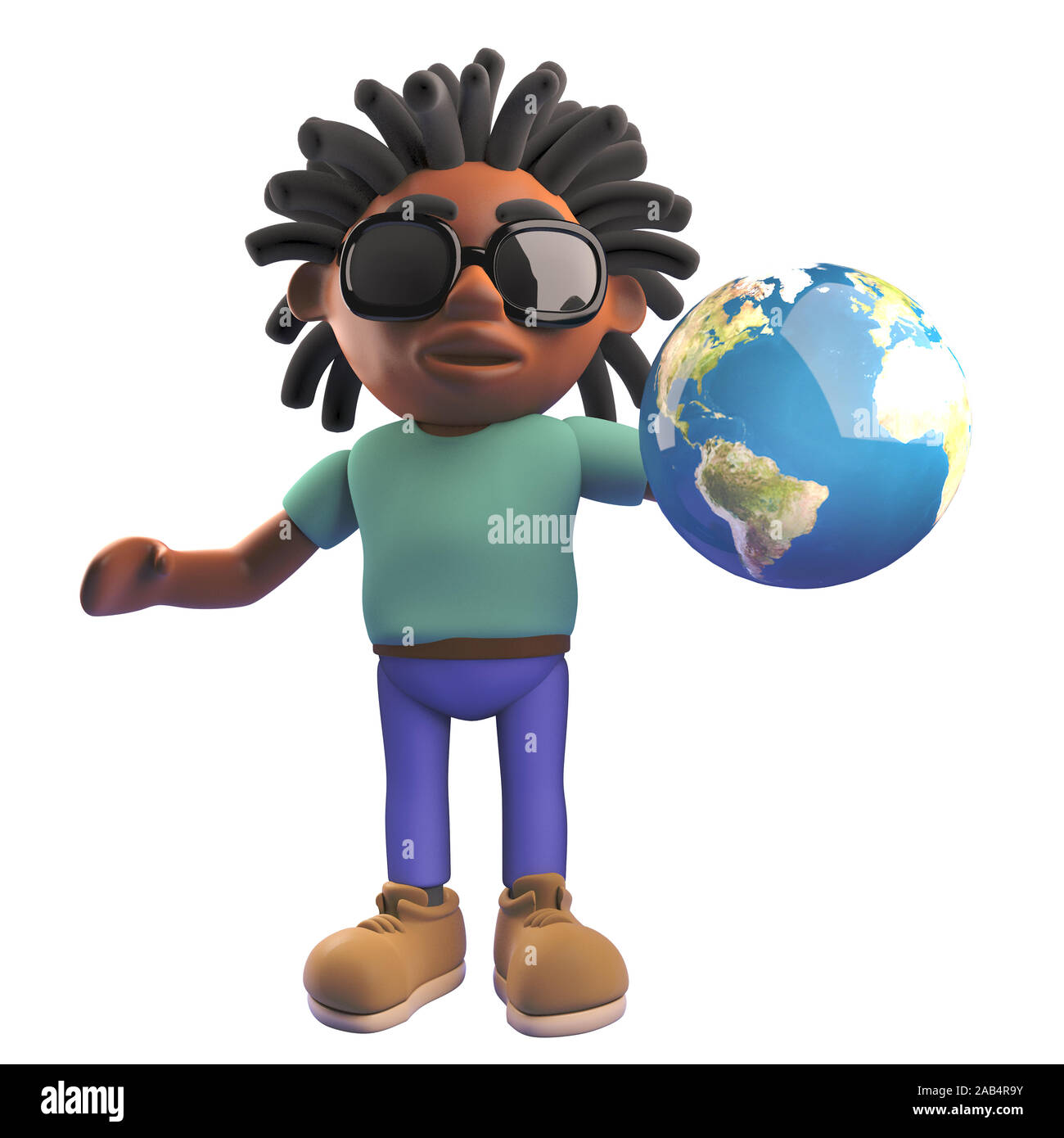 Cartoon 3d nero americano africano uomo con dreadlocks tenendo un globo terrestre, 3D render illustrazione Foto Stock