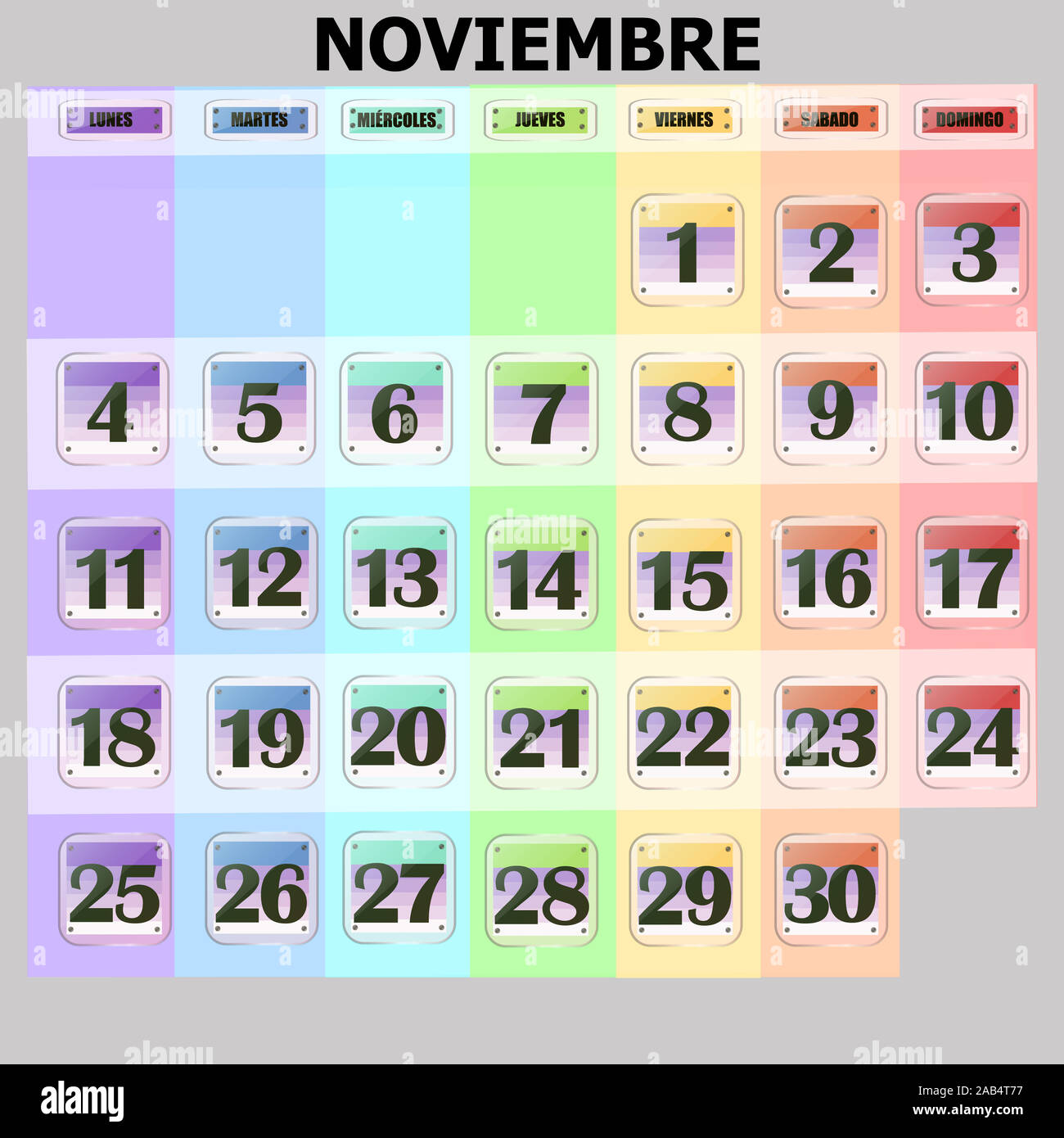 Calendario colorate per novembre 2019 in spagnolo. Set di pulsanti con le date del calendario per il mese di novembre. Per la pianificazione di importanti giorni. Banner per i giorni festivi e giorni speciali. Illustrazione. Foto Stock