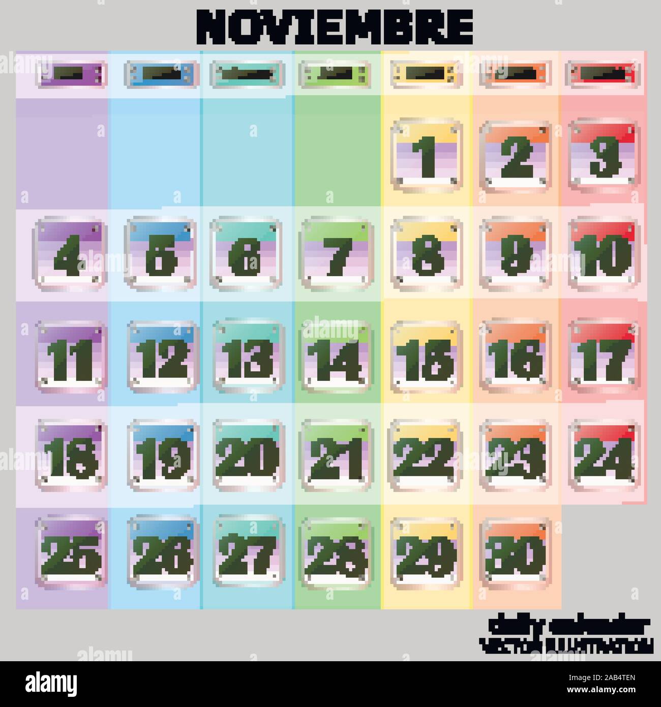 Calendario colorate per novembre 2019 in spagnolo. Set di pulsanti con le date del calendario per il mese di novembre. Per la pianificazione di importanti giorni. Banner per i giorni festivi e giorni speciali. Illustrazione Vettoriale. Illustrazione Vettoriale