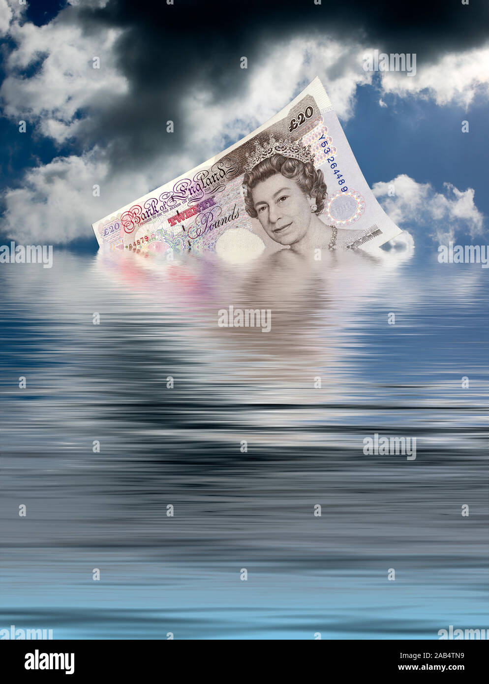 Un Inglese 20 pound nota affonda nell'oceano Foto Stock