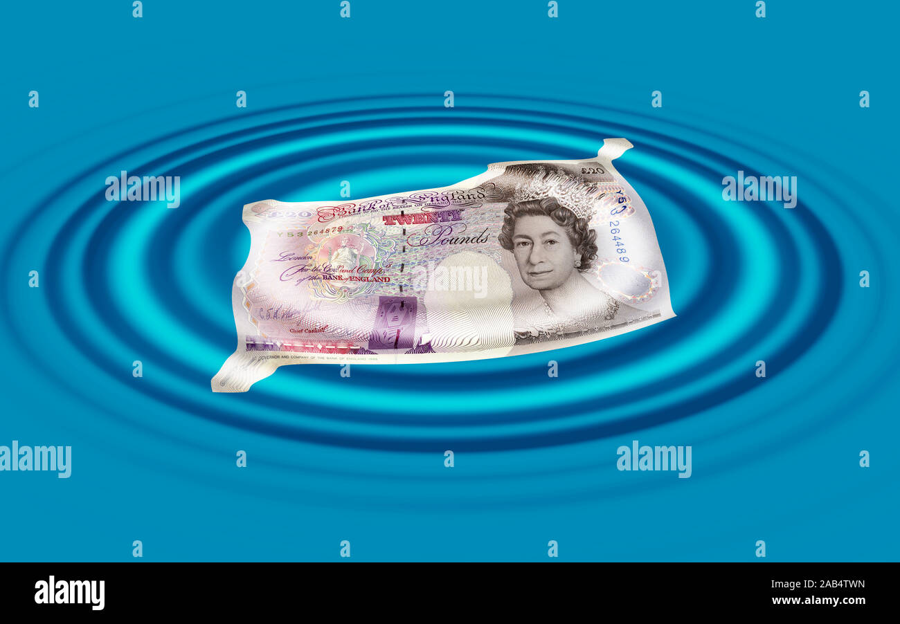 Un Inglese 20 pound nota affonda nell'oceano Foto Stock