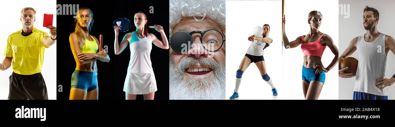 Emotional Babbo Natale e il suo entourage saluto con il nuovo anno 2020 e Natale. Uomo in costume tradizionale con gruppo multietnico di sportivi e sportive. Concetto di vacanza invernale, dell'umore. Foto Stock