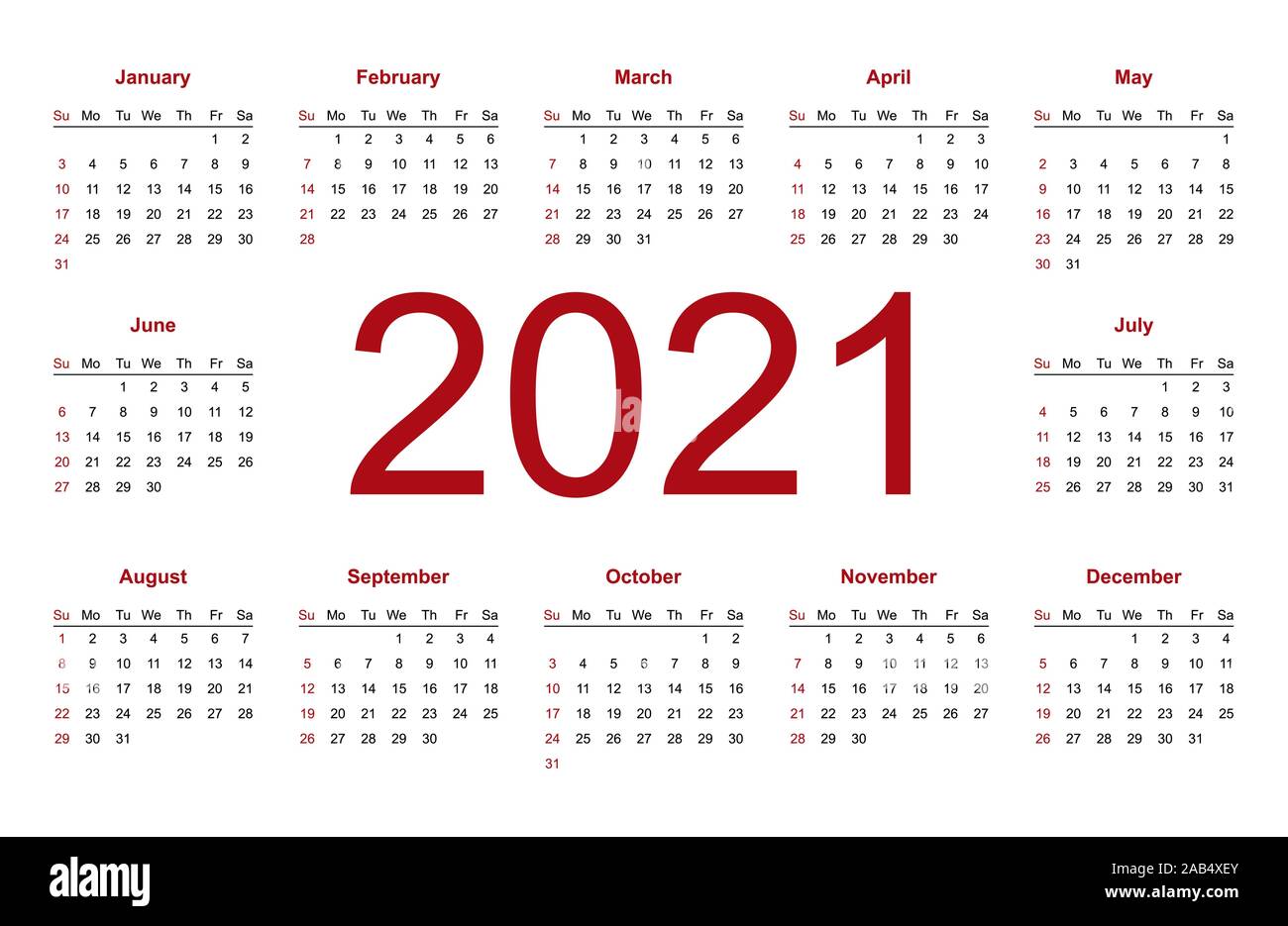 Calendario anno 2021 vettore modello di progettazione. Inizia settimana da domenica. Isolato illustrazione vettoriale su sfondo bianco. Illustrazione Vettoriale