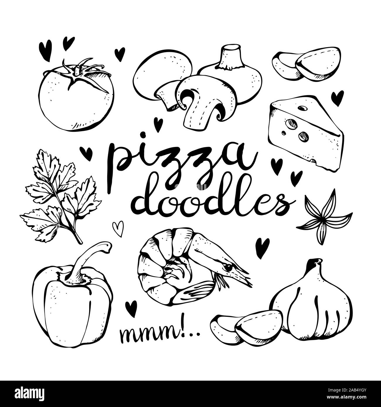 Gli ingredienti della pizza scarabocchi, set di vettore isolato su sfondo bianco Illustrazione Vettoriale