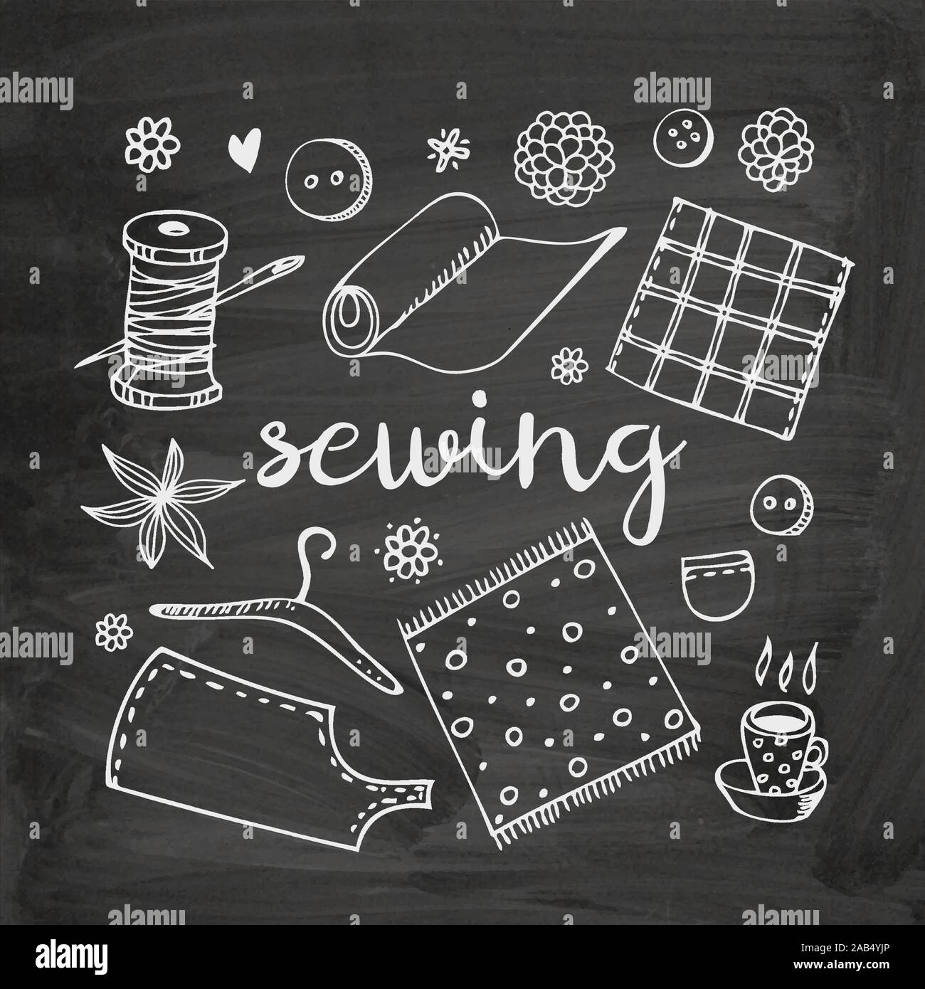 Vettore di cucitura doodle set, tessuto, filato, Rocca, ago, pulsante, appendiabiti, pattern e la tazza di tè su sfondo lavagna Illustrazione Vettoriale