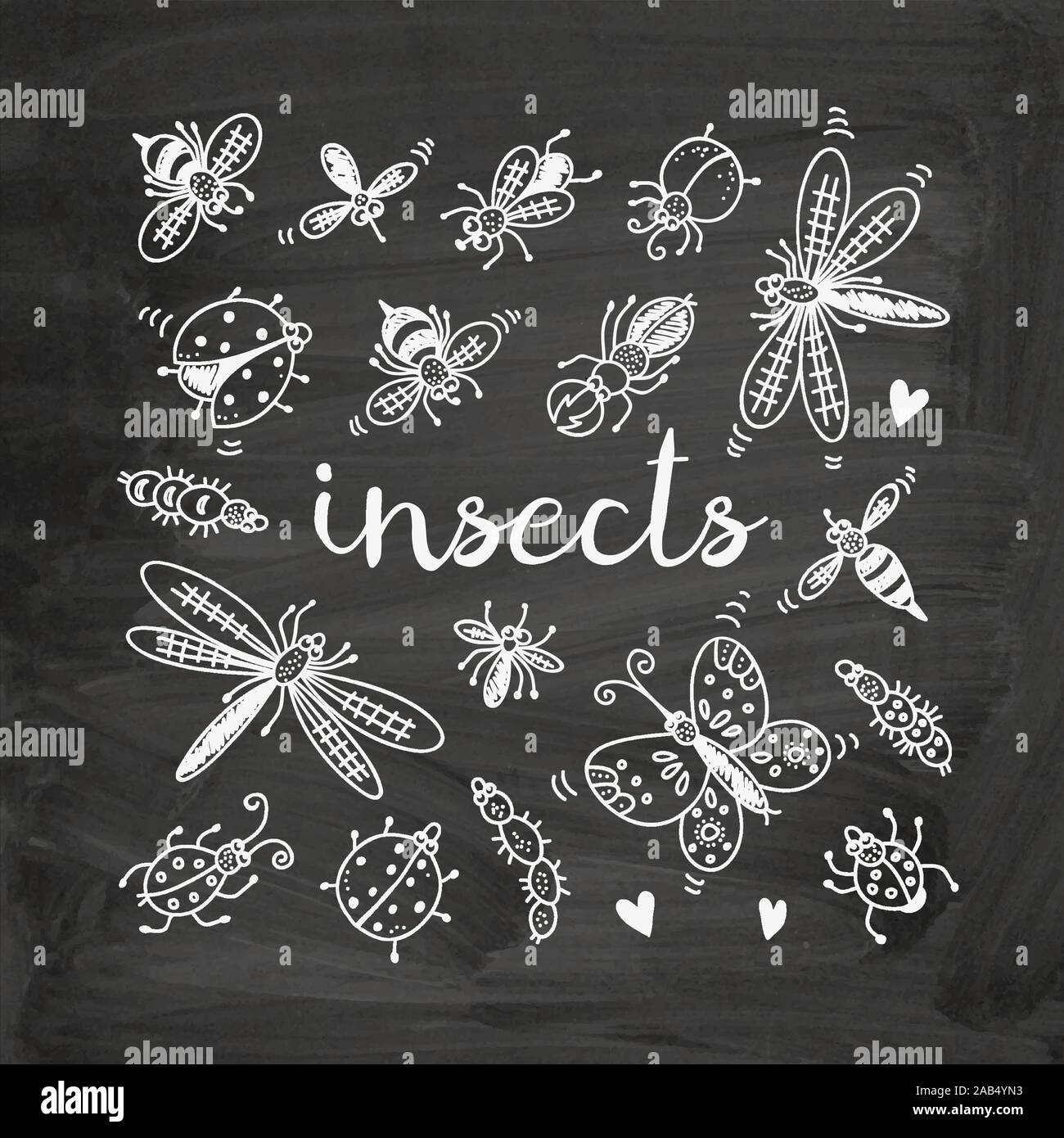 Insetti doodle set, vettore collezione su sfondo lavagna Illustrazione Vettoriale
