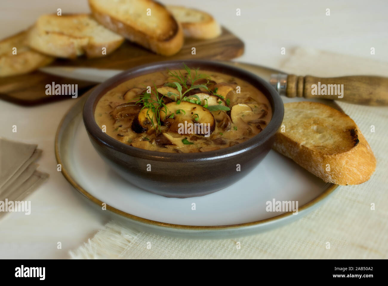 Fotografia di cibo di una cremosa zuppa di funghi con erbe e tostare il pane ciabatta Foto Stock