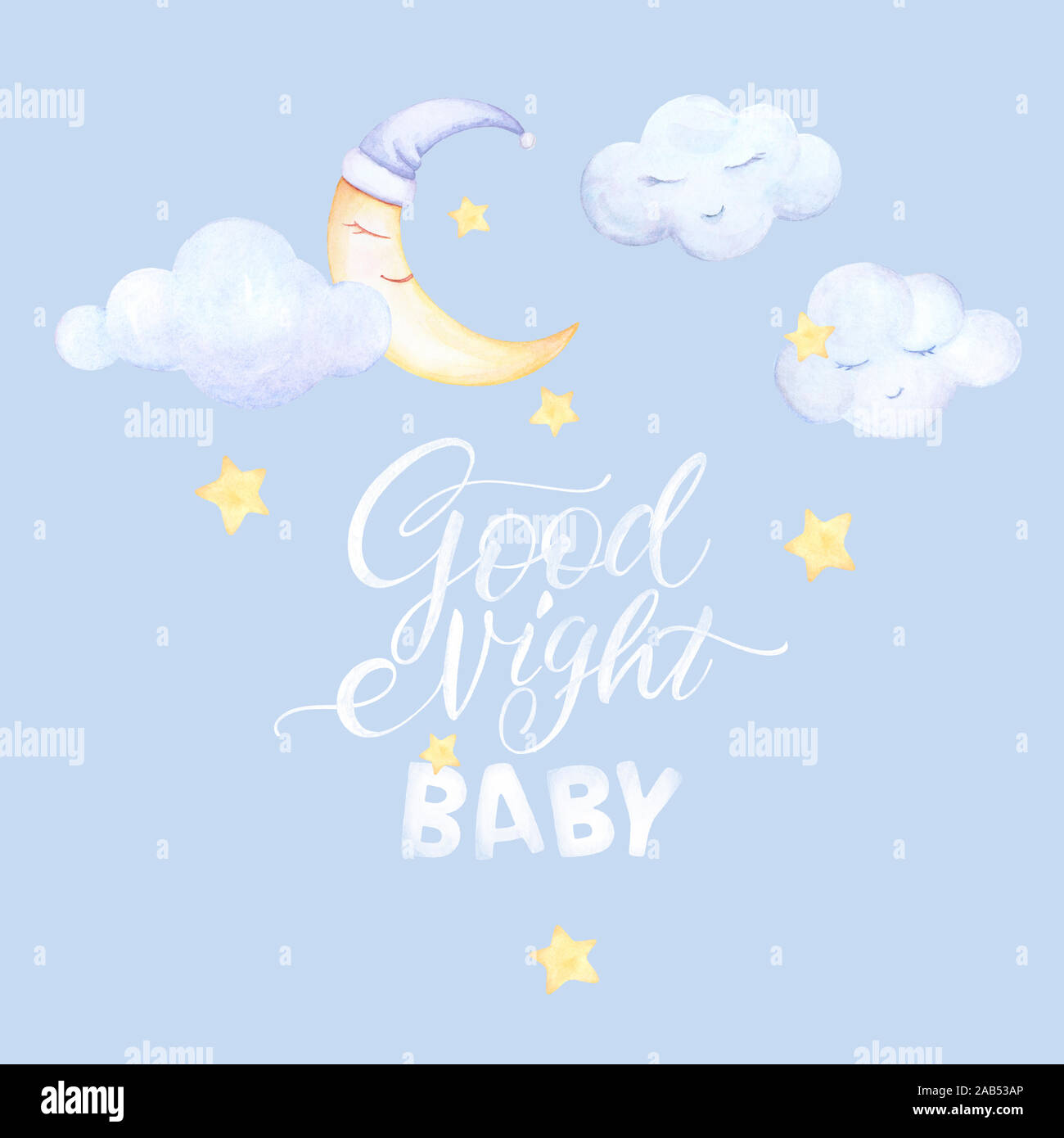 I ragazzi di stampe. Buona notte Bambino. Lettering. Luna dormire, nuvole, stelle. Fatto Pre-composizione. Acquerello. Sfondo blu. La qualità di stampa Foto Stock