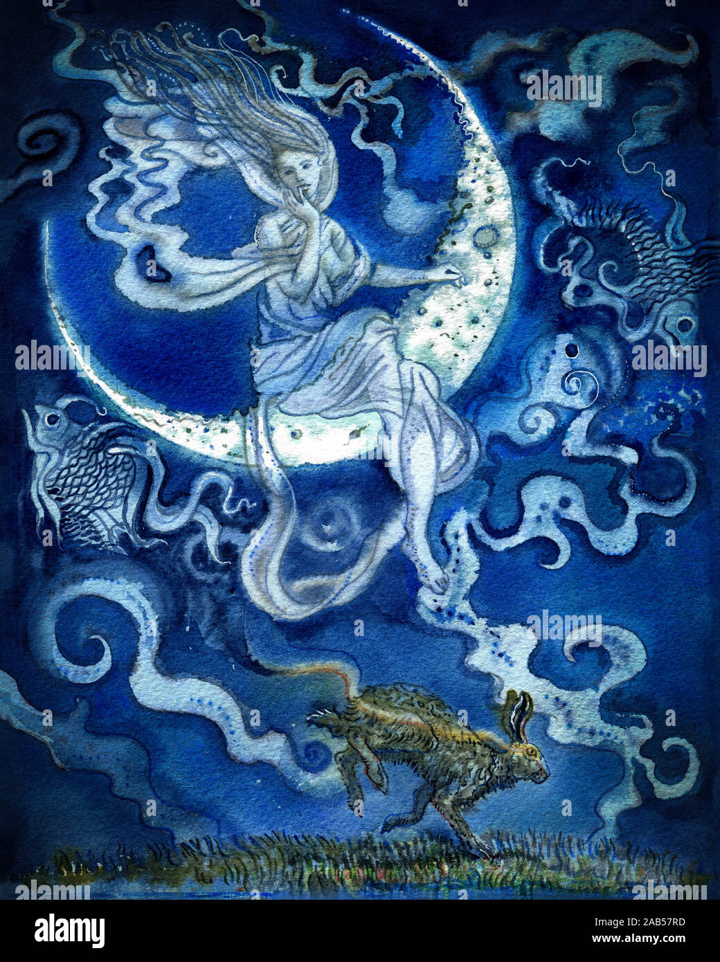 Dea seduta su una luna crescente in cielo blu. Un simbolo zodiaco lepre e Pesci. Illustrazione di acquerello disegnata a mano. Scheda Tarocchi, scheda metaforica Foto Stock