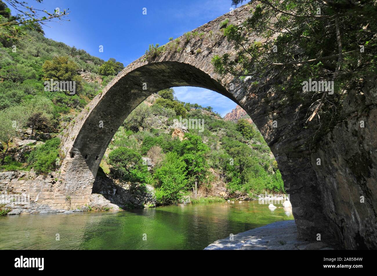 Ponte a Zaglia sul fiume Ota in Spelunca canyon tra Evisa e Porto, Corsica, Francia, Europa Foto Stock