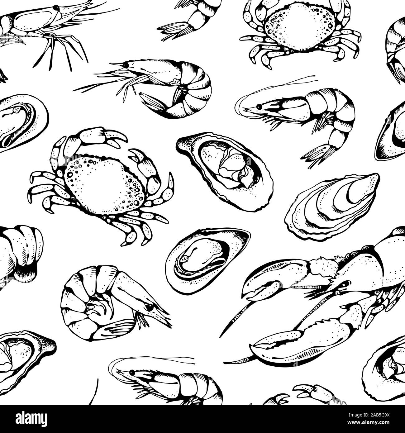 Vettore di frutti di mare seamless pattern, cibo sfondo vettoriale nel disegno stile: aragoste, gamberi, gamberetti, ostriche e cozze Illustrazione Vettoriale