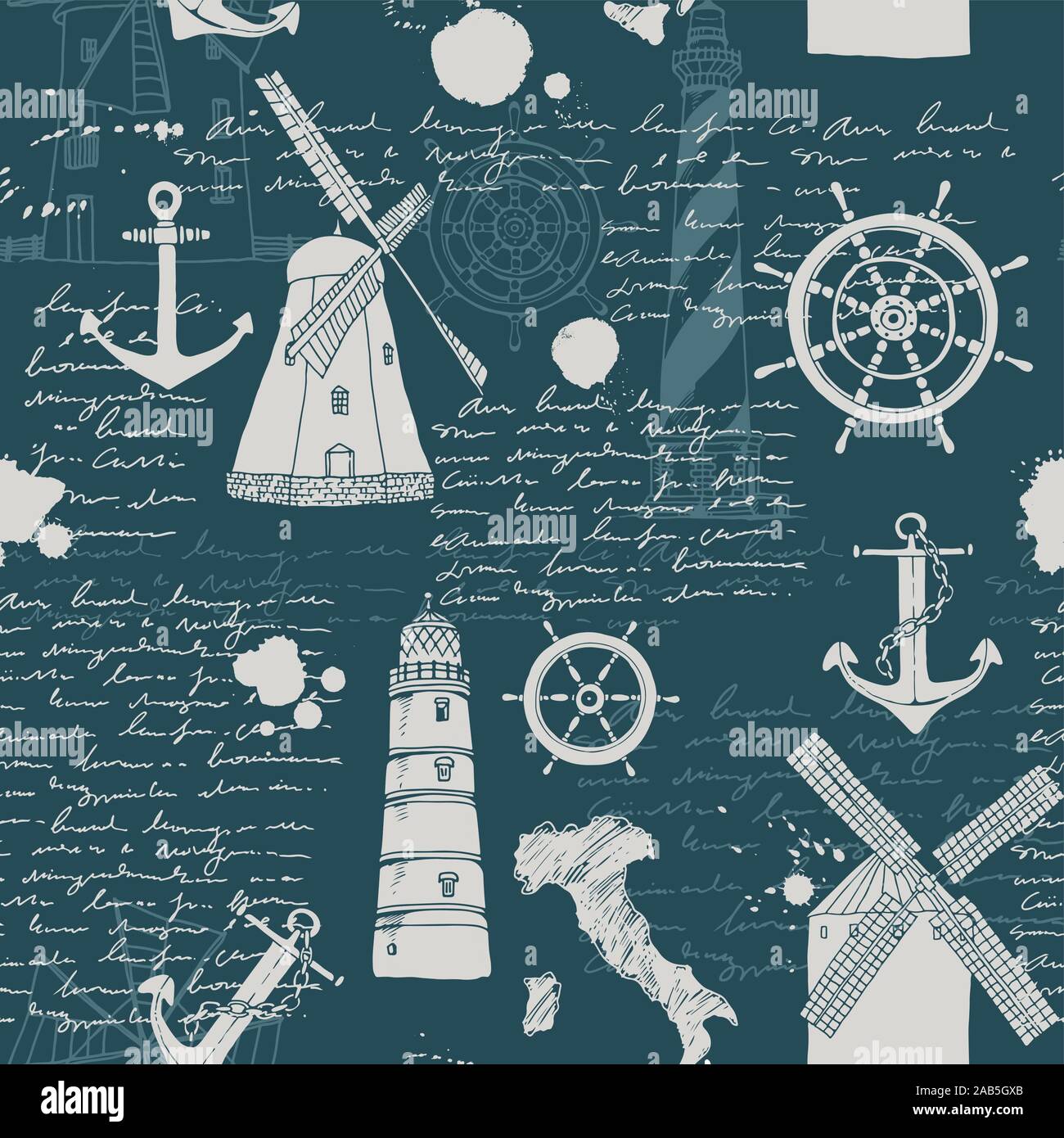 Vettore astratto modello senza giunture, tema dei viaggi e avventura, antico manoscritto, testo, fari, mulini a vento, nave ruote, ancore e altri nautica Illustrazione Vettoriale