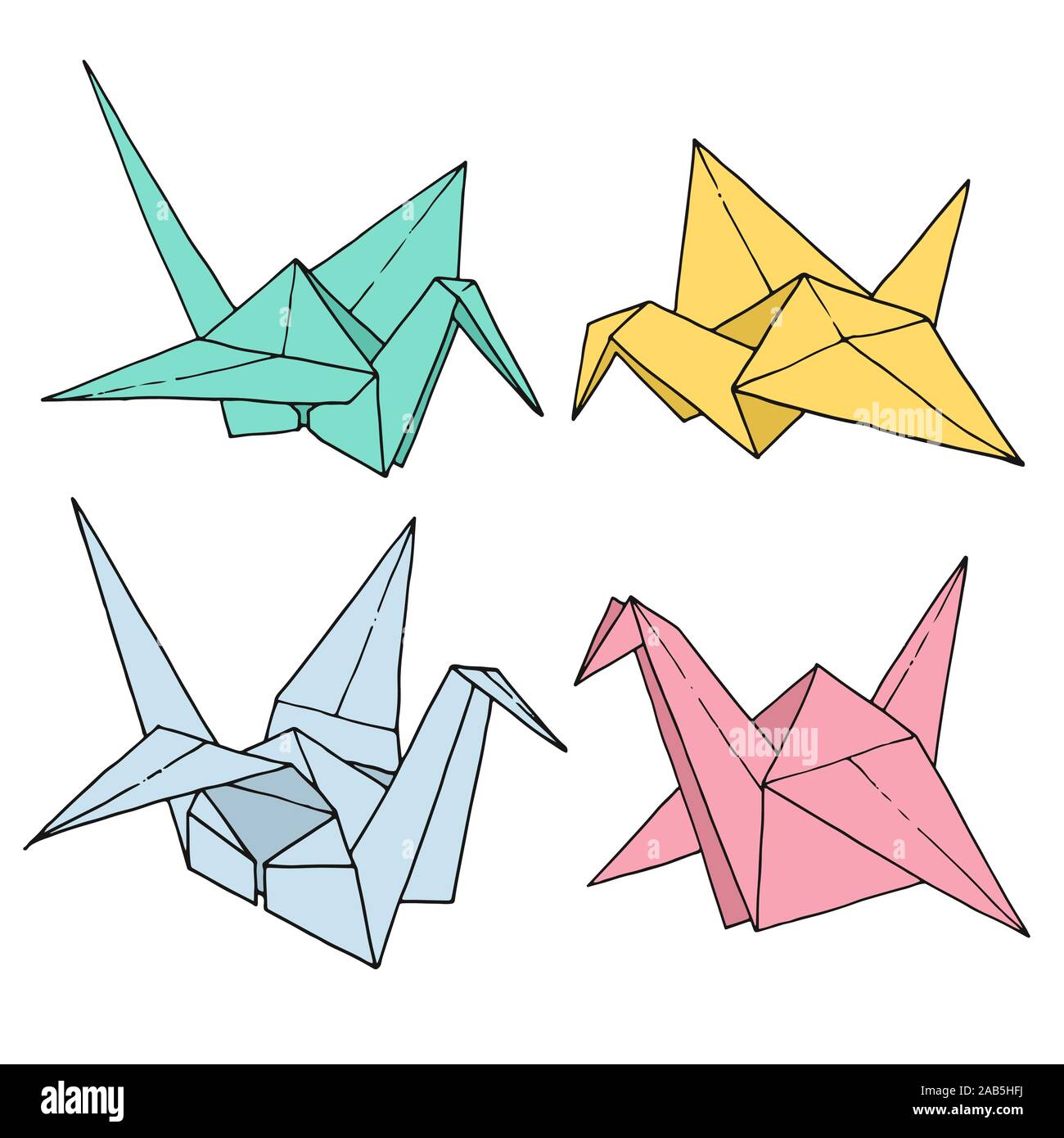 Origami gru uccelli forme vettoriali, set disegnati a mano carta cartella colori arte illustrazione animale isolato su sfondo bianco Illustrazione Vettoriale