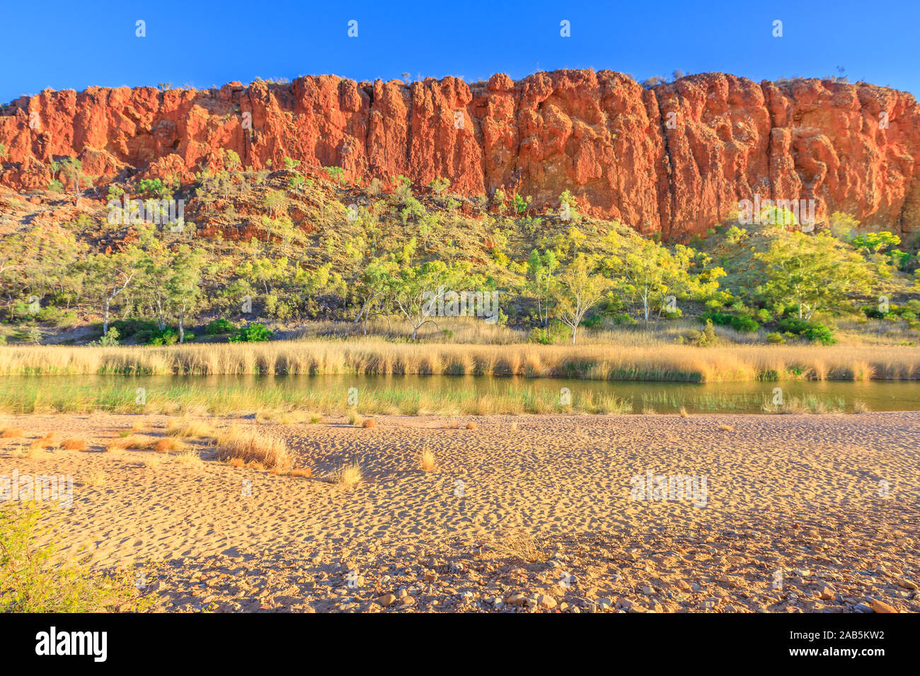 La sabbia bianca di riva del fiume a Glen Helen Gorge sul fiume Finke. West MacDonnell Ranges, Territorio del Nord, l'Australia Centrale. Australian Foto Stock