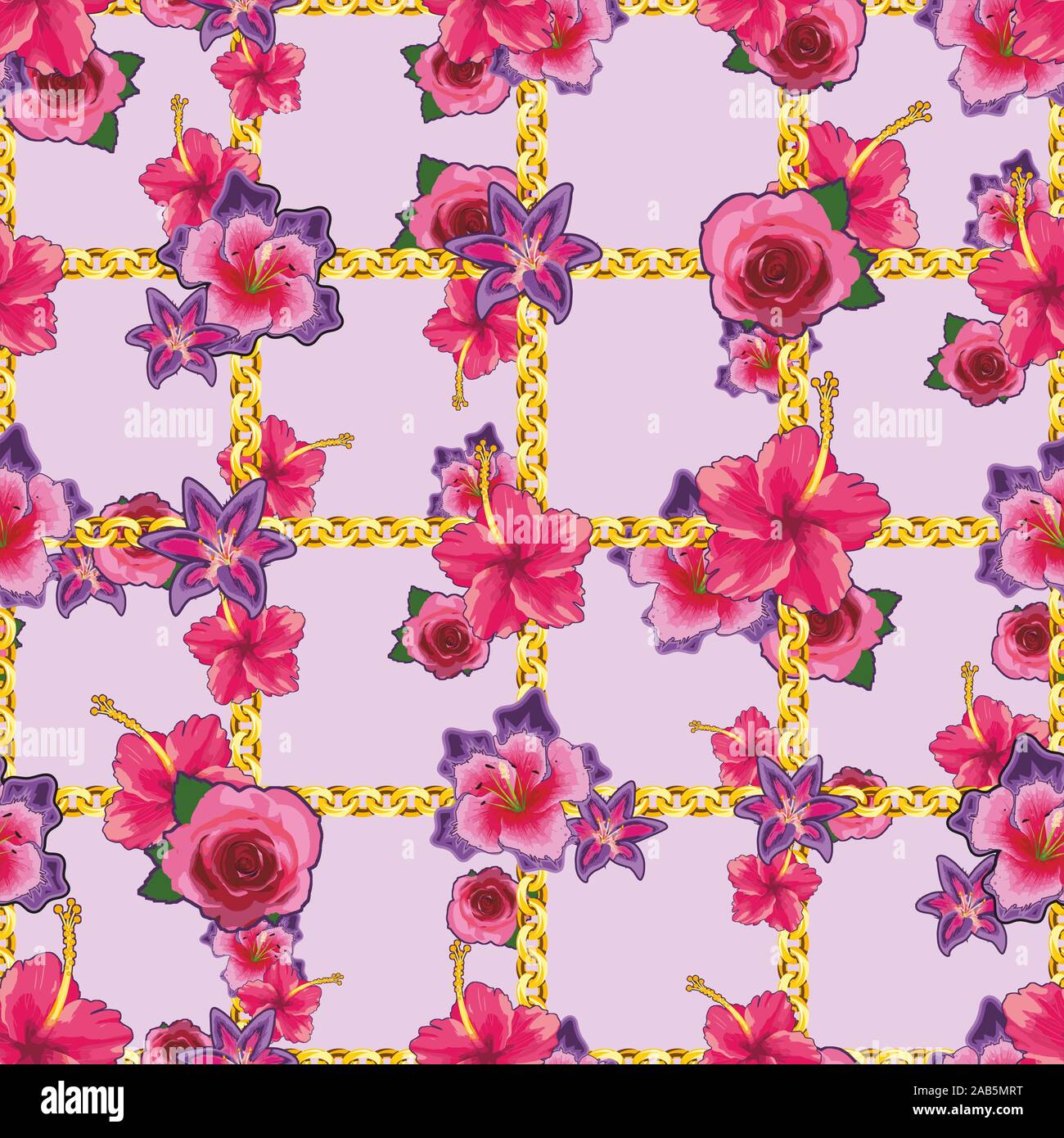 Rosa rosa e lily motivo floreale con catene d'oro. - Illustrazione Illustrazione Vettoriale