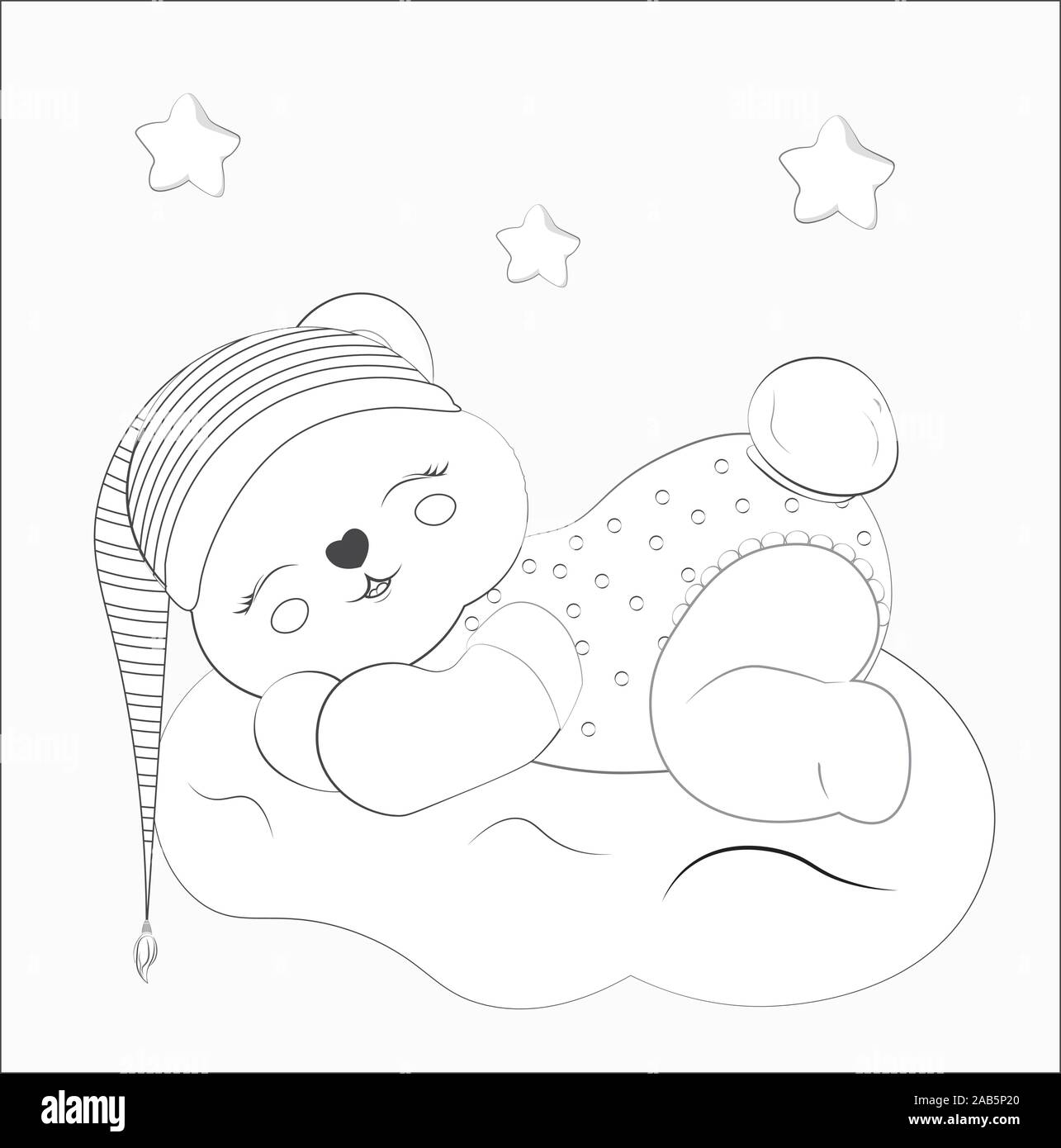 Libro da colorare sleeping boy baby orso di peluche su cloud nel cappuccio  a strisce. Foto in mano lo stile di disegno per il bambino doccia.  Biglietto di auguri, invito alla festa,