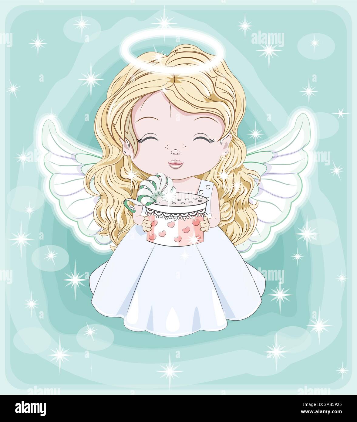 Bella e affascinante piccolo Baby Angel, in abito bianco con dono. Foto in disegno a mano Cartoon carino stile, per il Natale e il nuovo anno. Vacanza salutare Illustrazione Vettoriale