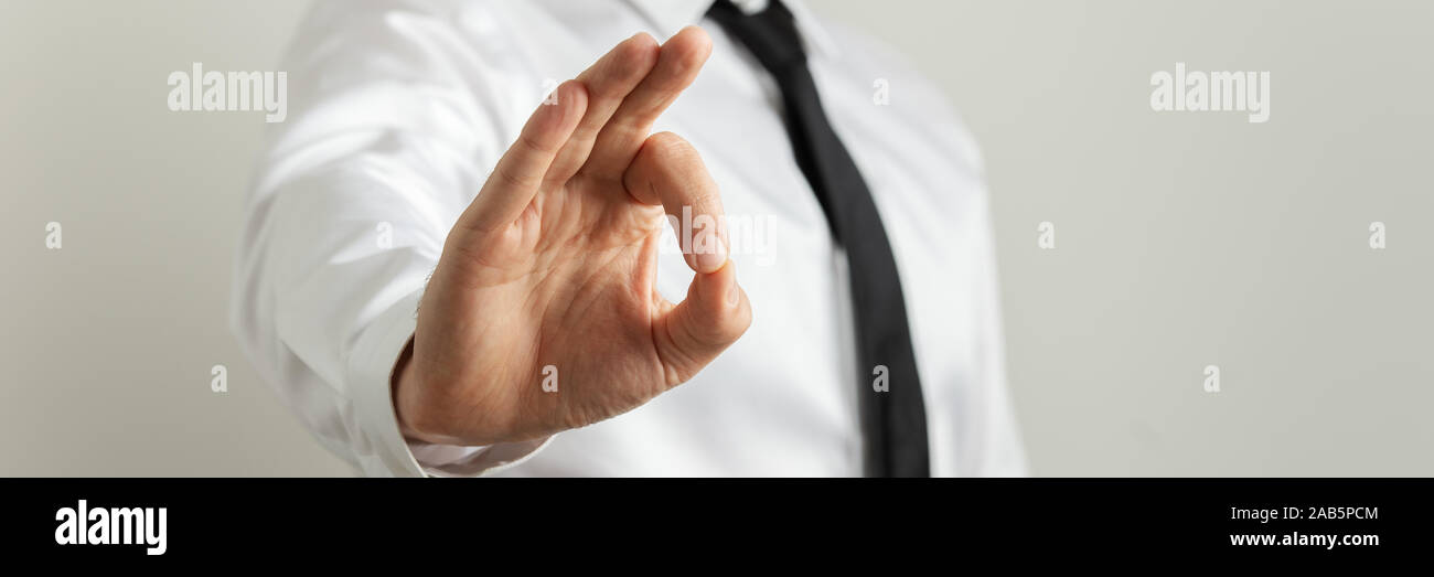 Ampia vie immagine dell uomo d affari facendo un gesto ok con la sua mano. Foto Stock