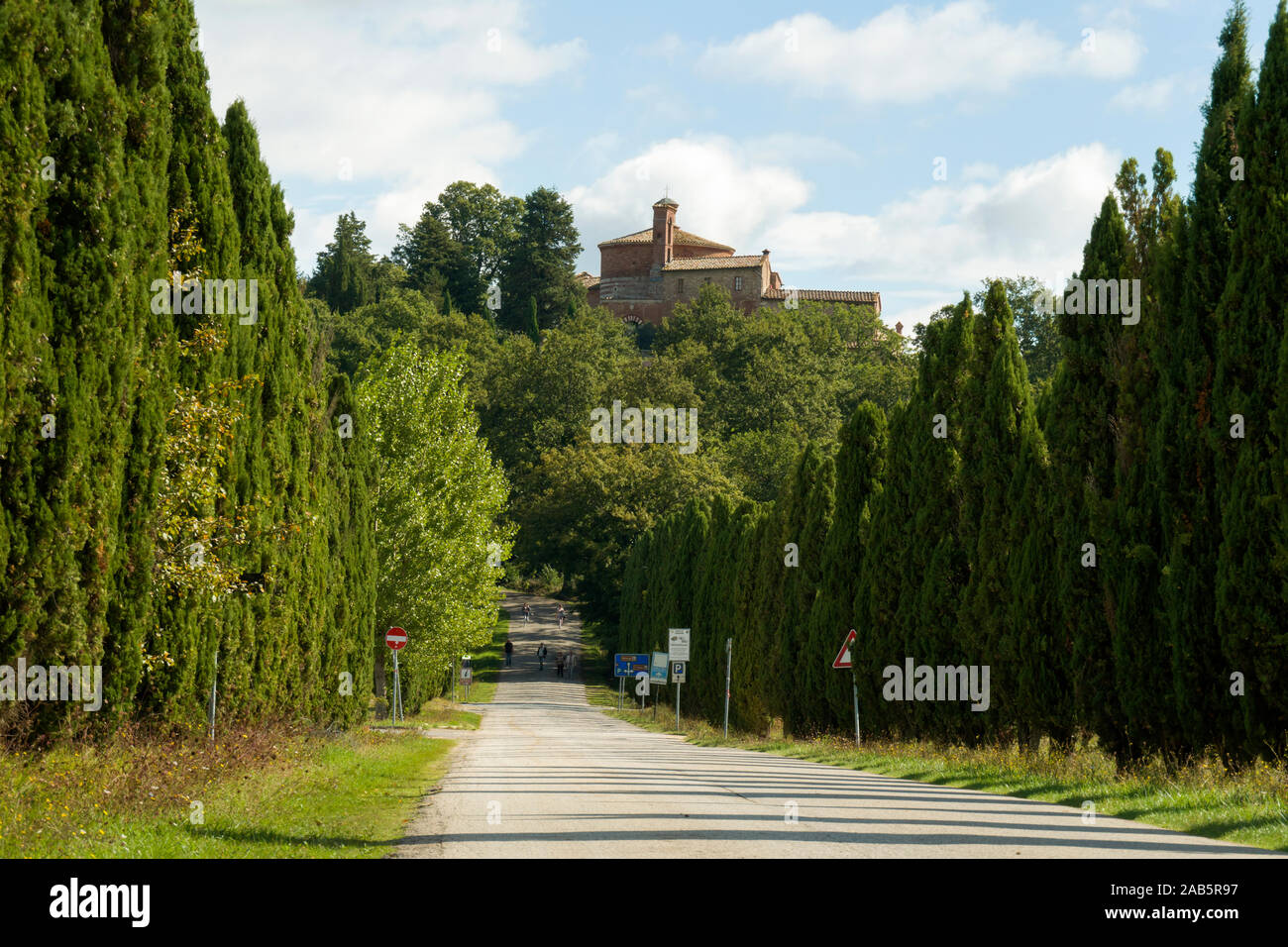 Strada che conduce alla Chiesa e alla cappella di Montesiepi, Toscana, Italia Foto Stock