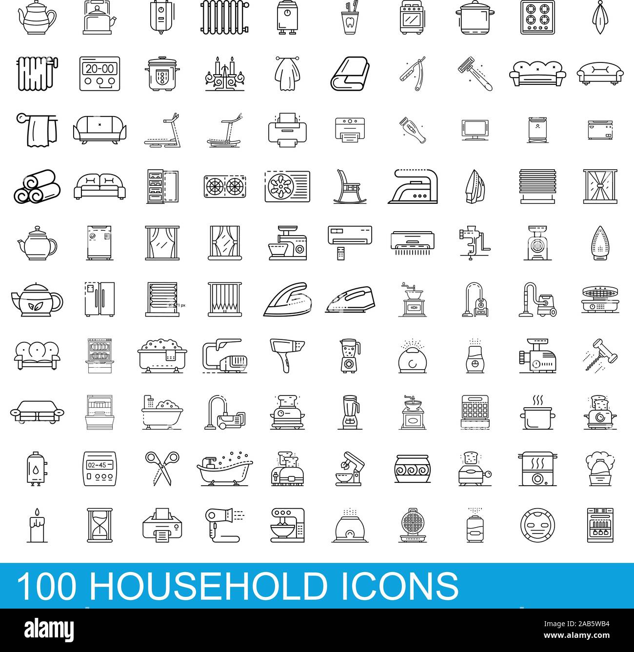 Domestico 100 set di icone di stile di contorno Illustrazione Vettoriale