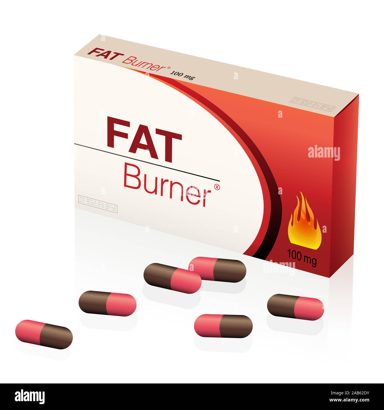 Bruciatore grasso pillole, pacchetto di capsule per il trattamento farmaceutico per perdere peso, un medico di prodotto falso - illustrazione su sfondo bianco. Foto Stock