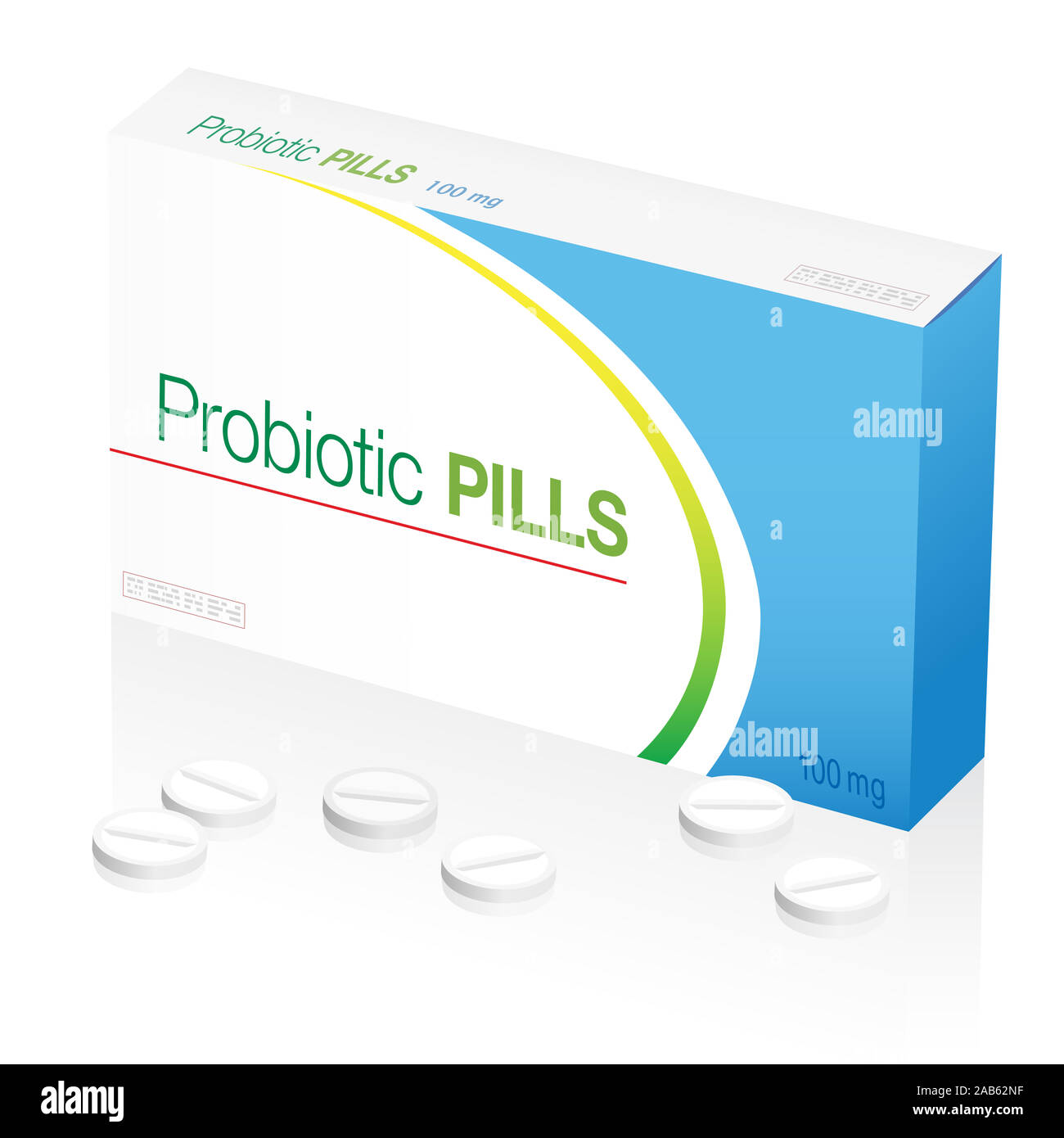Pillole di probiotici - compresse scatola come un supplemento per una sana alimentazione e nutrizione consapevole - medical pacchetto fittizio denominato pillole di probiotici. Foto Stock