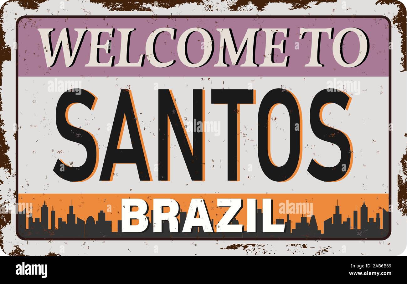 Santos città del Brasile silhouette. metallo arrugginito grungystreet sign Design. Illustrazione Vettoriale