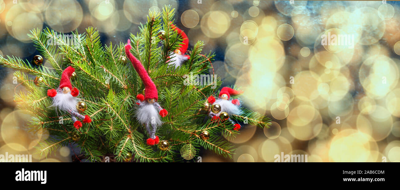 Banner di Natale, Natale gnomi sull'albero, brilla, brilla di sfondo da favola. Foto Stock