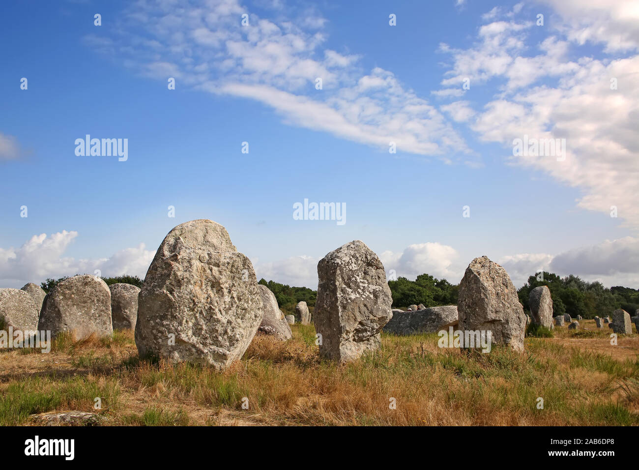 Migliaia di monoliti preistorici sparsi in tre allineamenti a Carnac, Bretagna, a nord-ovest della Francia. Foto Stock