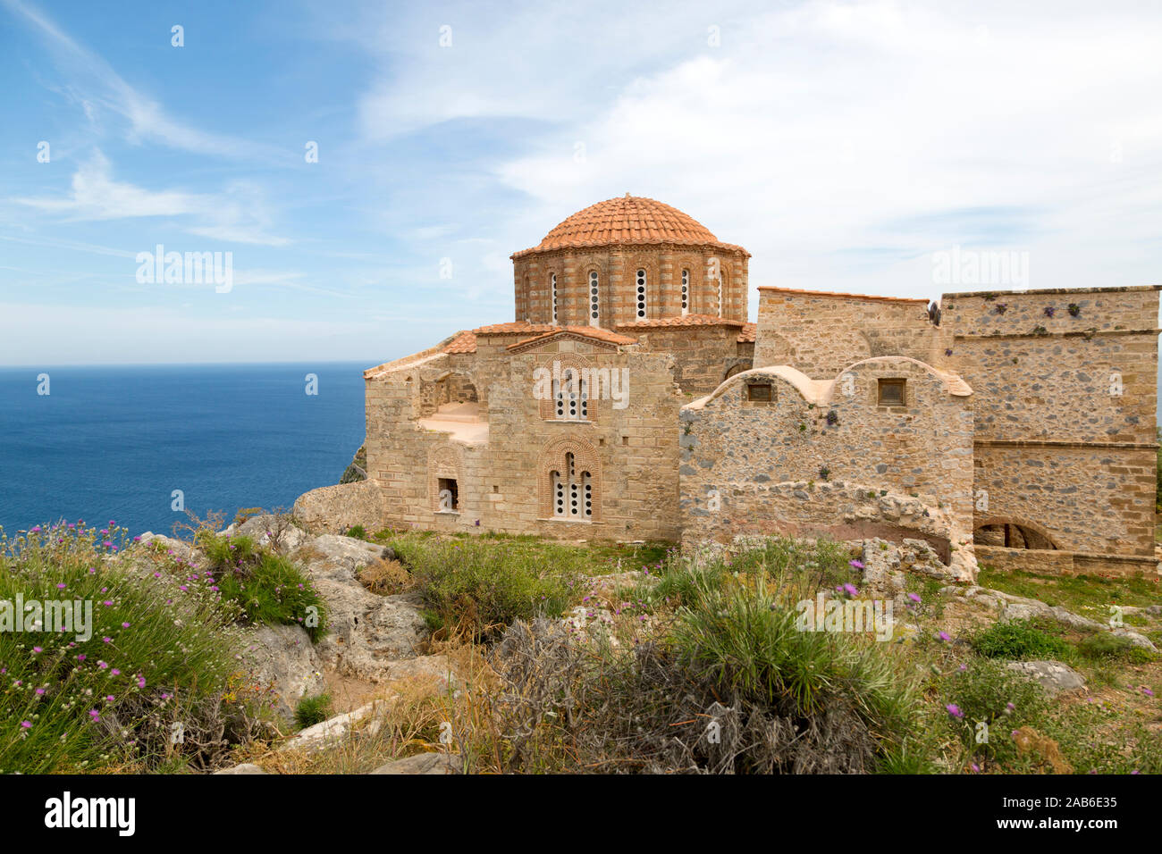 Bizantina, chiesa ortodossa di Hagia Sophia sulla sommità della collina di Monemvasia, Grecia. Foto Stock