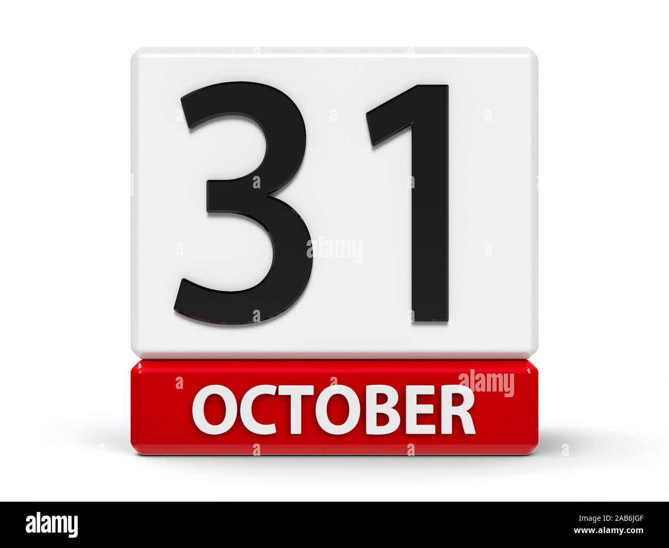 Rosso e bianco sull'icona del calendario dai cubi - Trenta prima di ottobre - su un tavolo bianco - Halloween e salvataggio internazionale giorno, tridimensionale ri Foto Stock