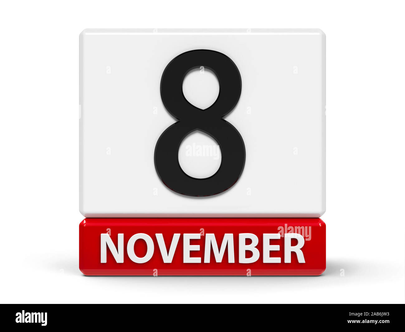 Rosso e bianco sull'icona del calendario dai cubi - l'ottavo di novembre - su un tavolo bianco, tridimensionale, rendering 3D illustrazione Foto Stock