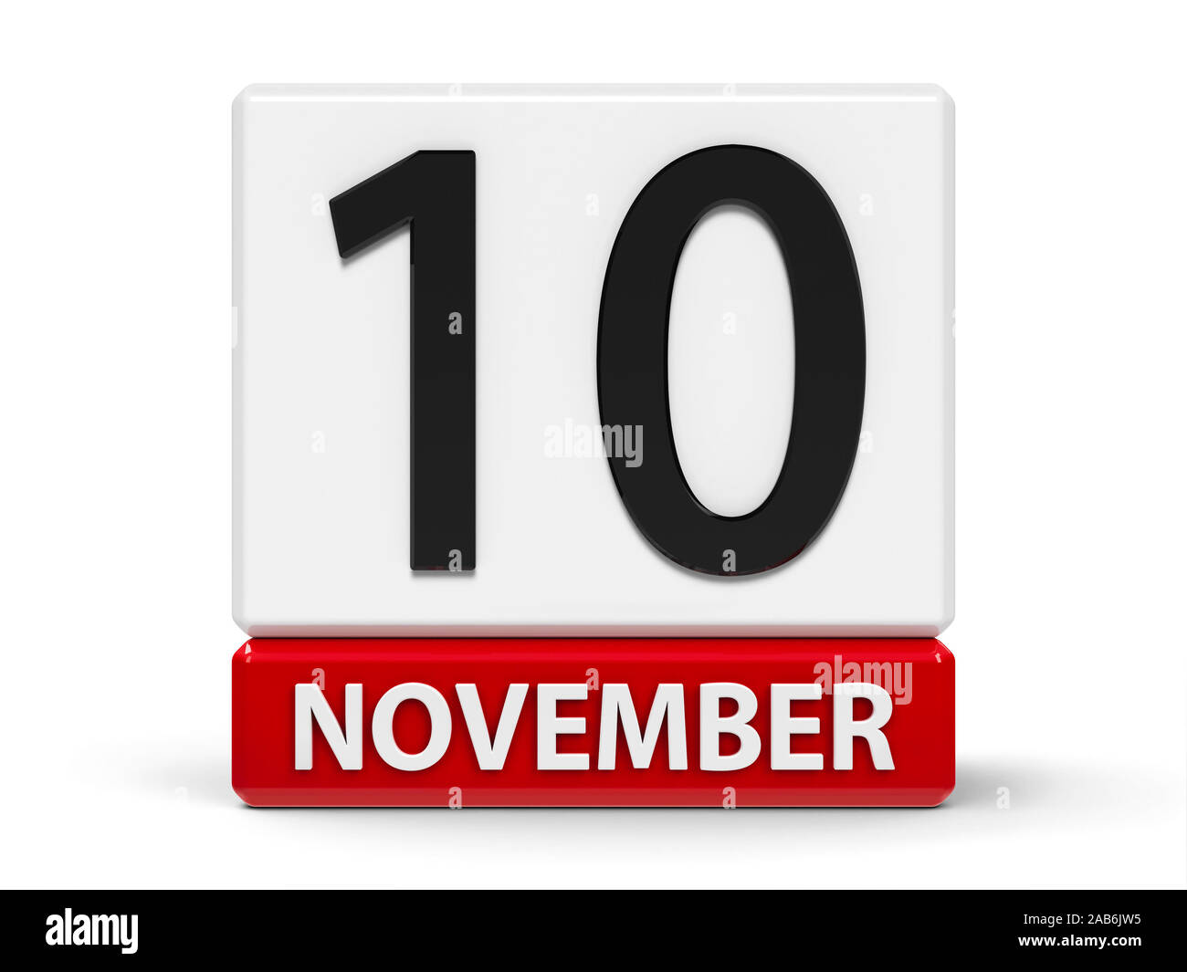Rosso e bianco sull'icona del calendario dai cubi - Il decimo di novembre - su un tavolo bianco - World Giornata della scienza per la pace e lo sviluppo, la Giornata Mondiale della Gioventù e I Foto Stock