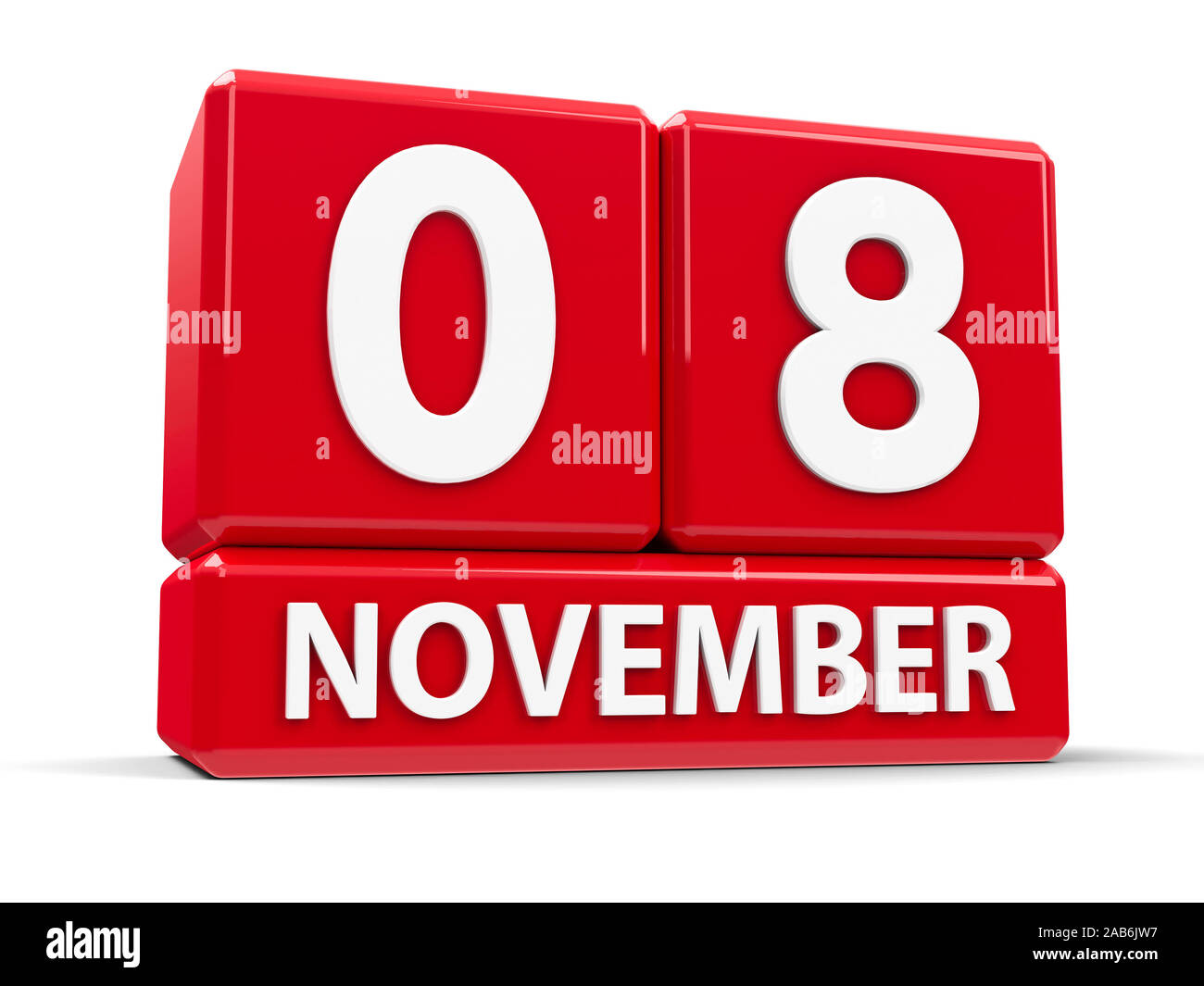 Cubi rossi - l'ottavo di novembre - su un tavolo bianco, tridimensionale, rendering 3D illustrazione Foto Stock