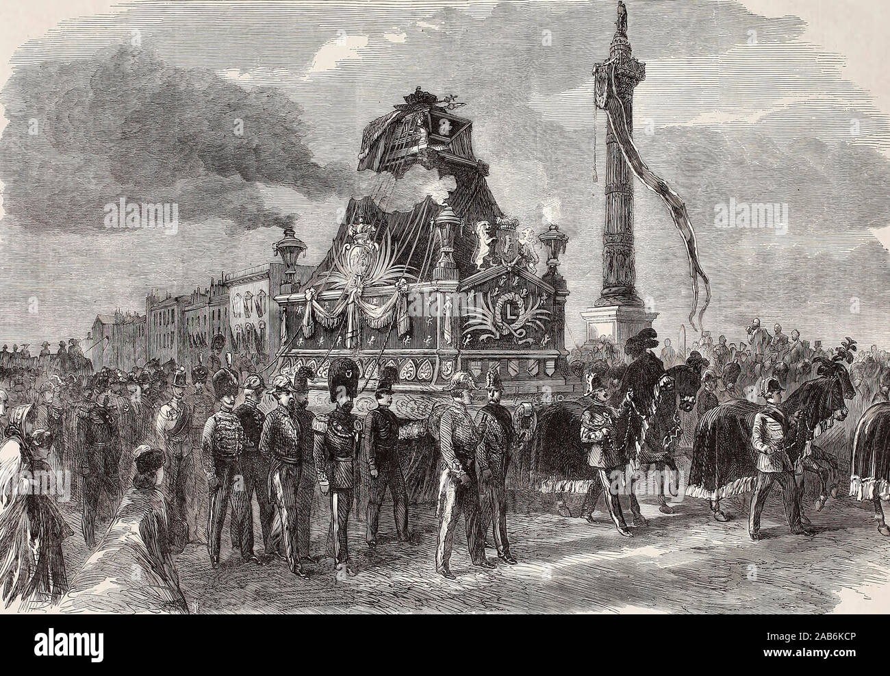 Le esequie del defunto Re dei Belgi Leopoldo I - I funerali auto passando la colonna nella Place Du Congress a Bruxelles, Belgio - 1865 Foto Stock