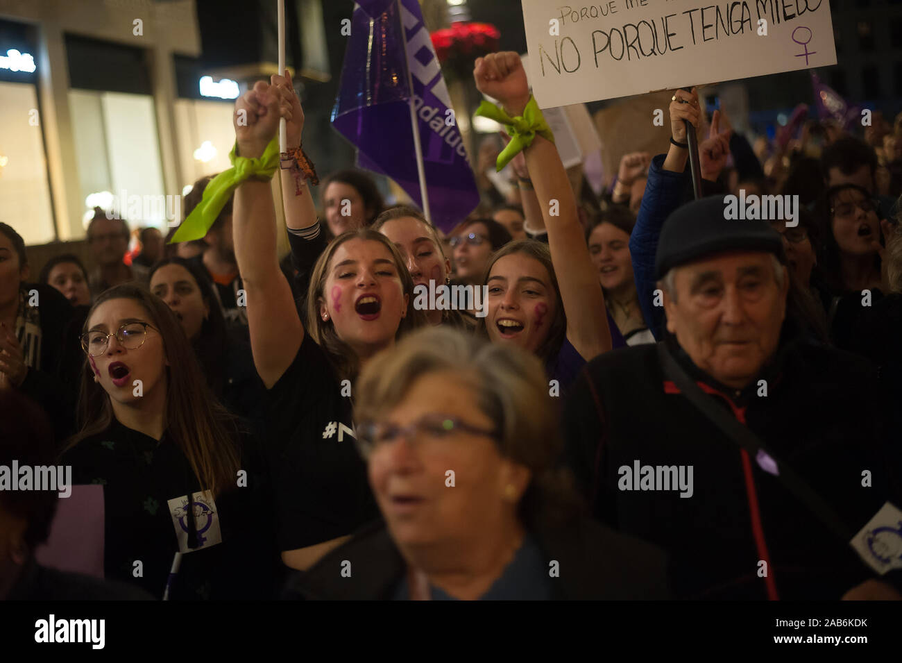 Malaga, Spagna. 25 Nov, 2019. I manifestanti cantano slogan durante una dimostrazione della Giornata Internazionale per lâ eliminazione della violenza contro le donne.Migliaia di persone hanno preso le strade per denunciare il feminicides e la violenza contro le donne in tutto il mondo una manifestazione denominata dalle femministe nei movimenti. Credito: SOPA Immagini limitata/Alamy Live News Foto Stock