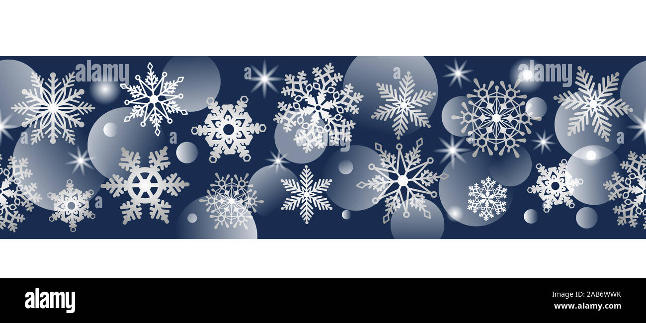 Banner senza soluzione di continuità con i fiocchi di neve su sfondo blu Foto Stock