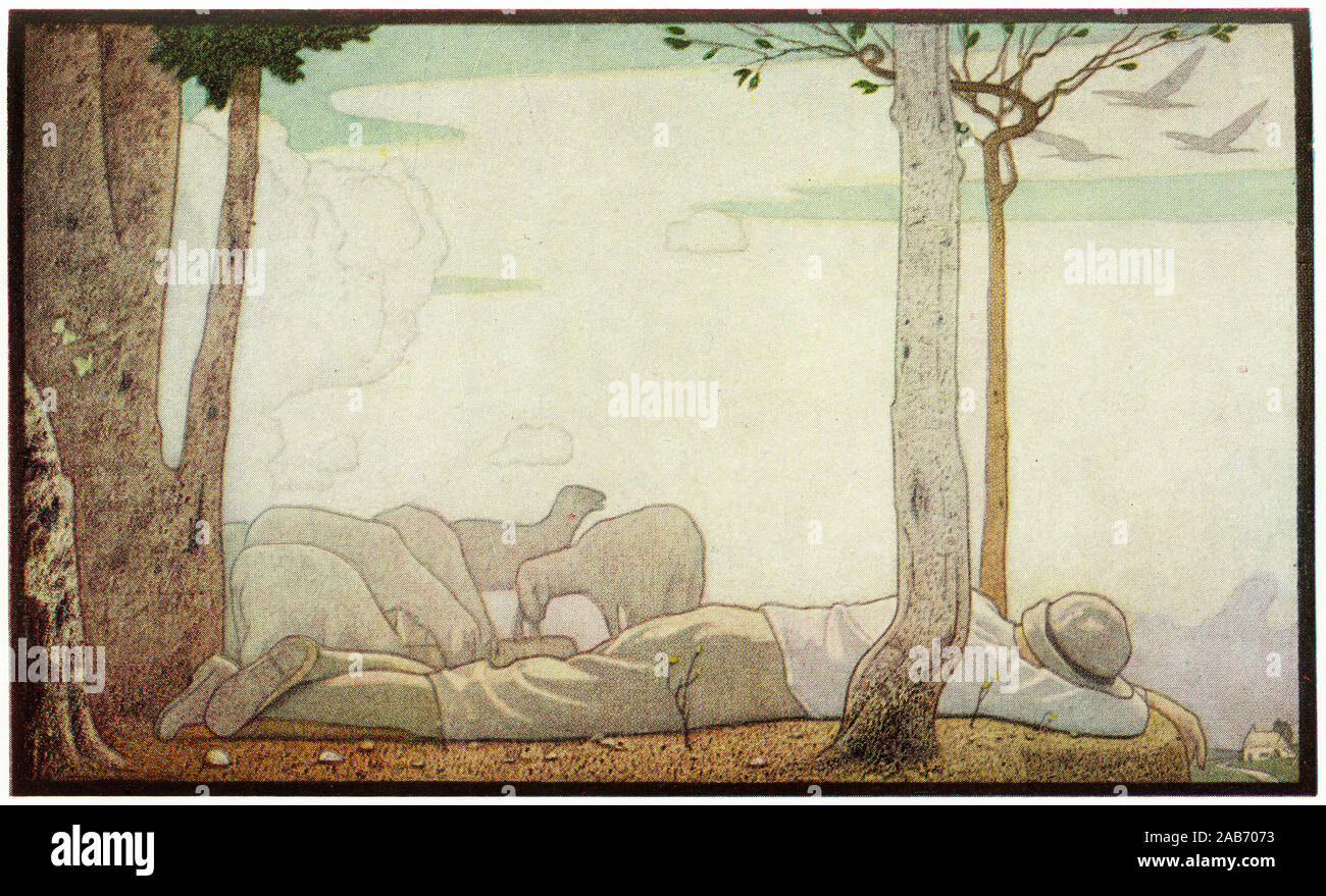 Illustrazione dei mezzitoni di George Fox come un giovane uomo, sognando il lettino in vale. Da un libro di Quaker santi da L V Hodgkin, illustrato da F Cayley-Robinson, 1924 Foto Stock